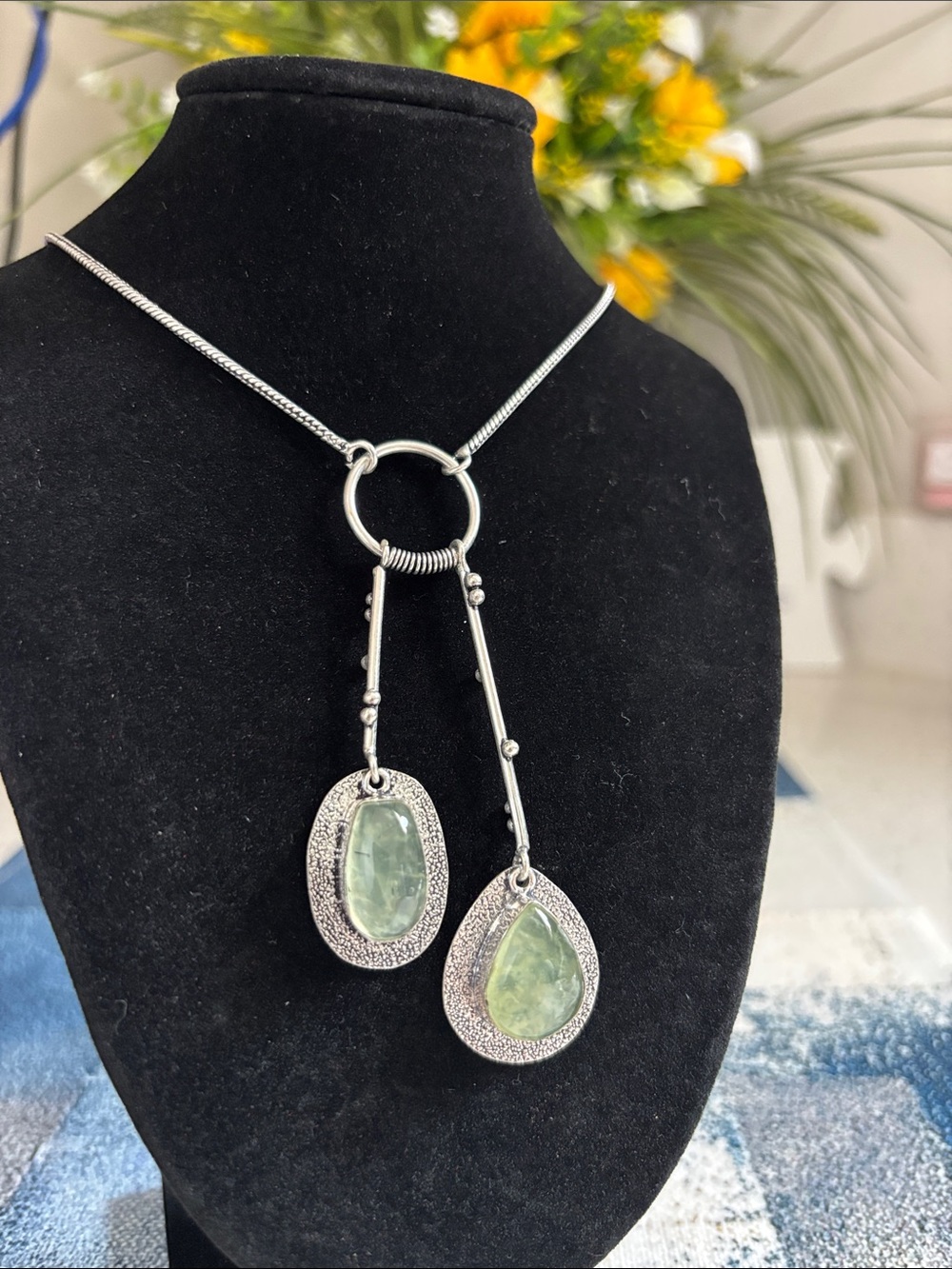 Double Drop Prehnite Light Green Gemstone Necklace - Picture 2 of 10